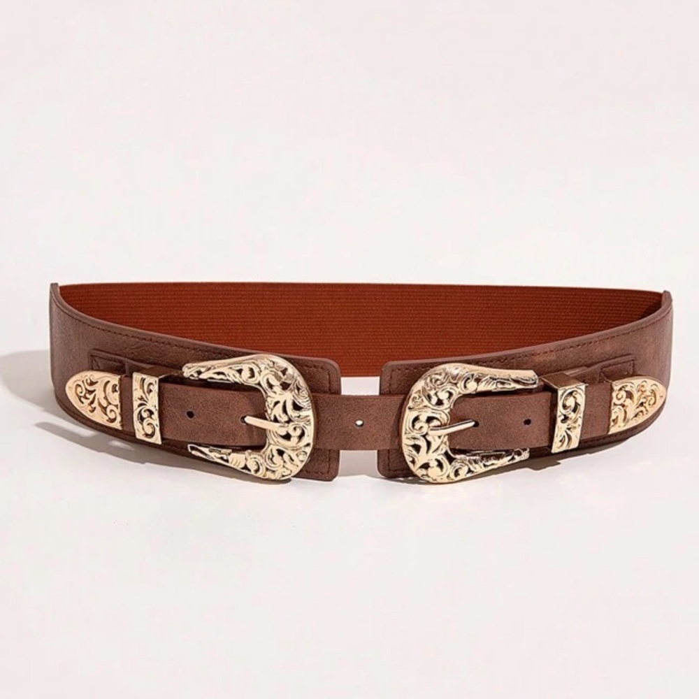 Brown Western Gold Double Buckle Stretchy Belt